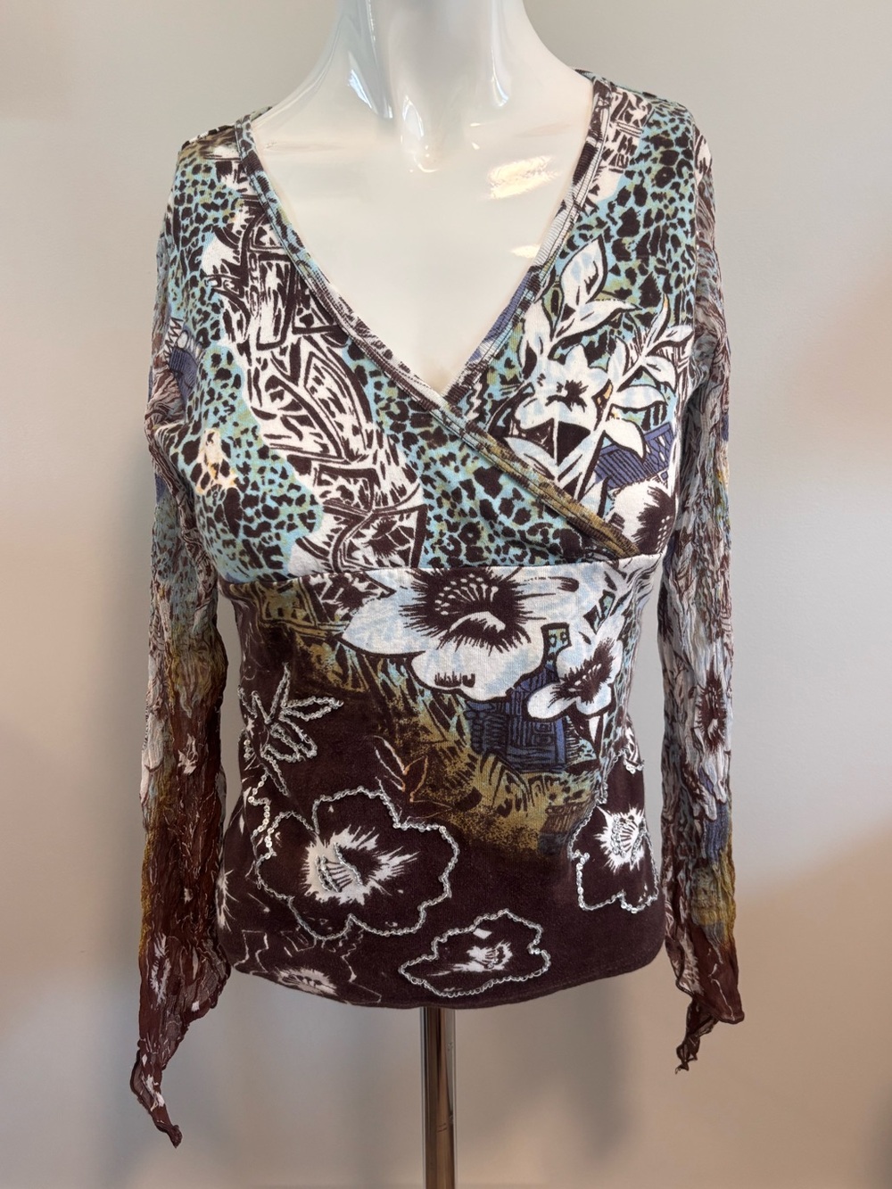 Y2K Floral Babydoll Style Long Sleeve Top in Brown and Teal